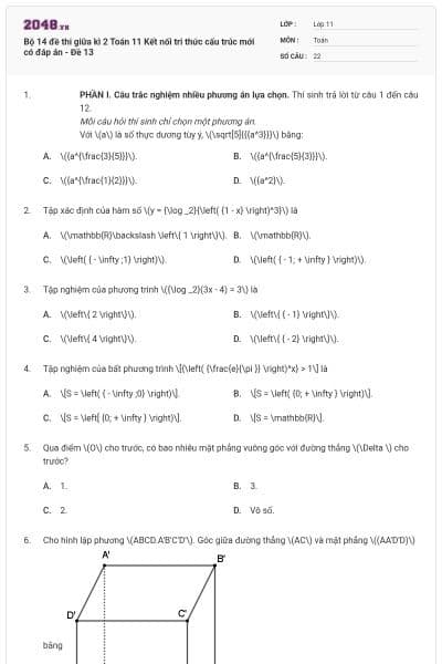 Bộ 14 đề thi giữa kì 2 Toán 11 Kết nối tri thức cấu trúc mới có đáp án - Đề 13