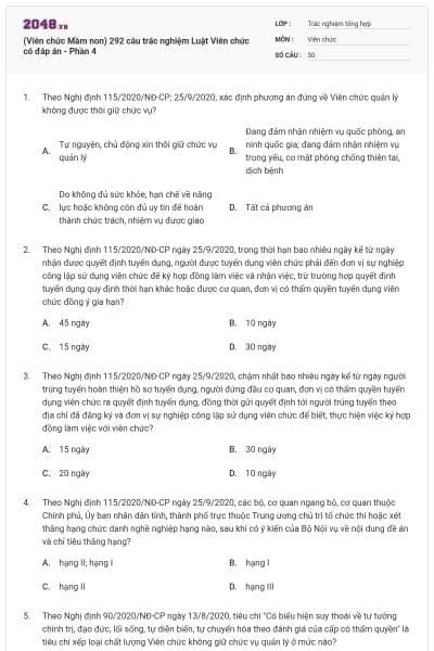 (Viên chức Mầm non) 292 câu trắc nghiệm Luật Viên chức có đáp án - Phần 4
