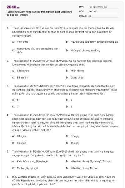 (Viên chức Mầm non) 292 câu trắc nghiệm Luật Viên chức có đáp án - Phần 6