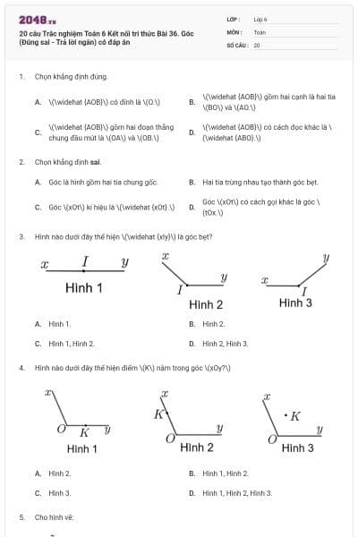 20 câu Trắc nghiệm Toán 6 Kết nối tri thức Bài 36. Góc (Đúng sai - Trả lời ngắn) có đáp án