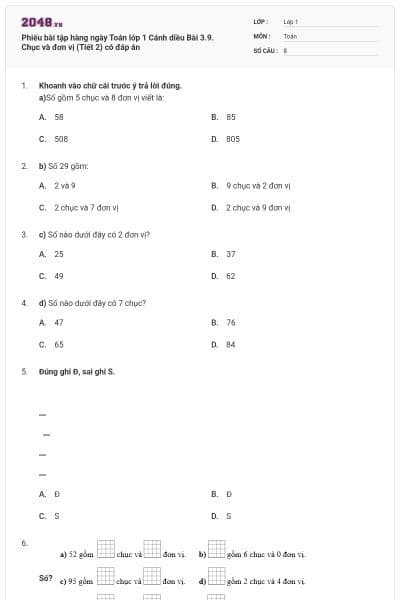 Phiếu bài tập hàng ngày Toán lớp 1 Cánh diều Bài 3.9. Chục và đơn vị (Tiết 2) có đáp án