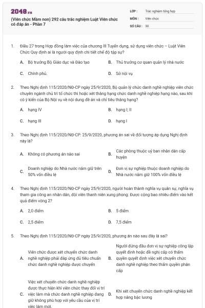 (Viên chức Mầm non) 292 câu trắc nghiệm Luật Viên chức có đáp án - Phần 7
