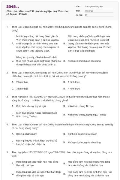 (Viên chức Mầm non) 292 câu trắc nghiệm Luật Viên chức có đáp án - Phần 8