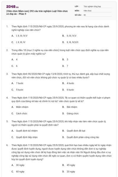 (Viên chức Mầm non) 292 câu trắc nghiệm Luật Viên chức có đáp án - Phần 9