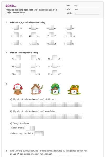 Phiếu bài tập hàng ngày Toán lớp 1 Cánh diều Bài 3.12. Luyện tập có đáp án