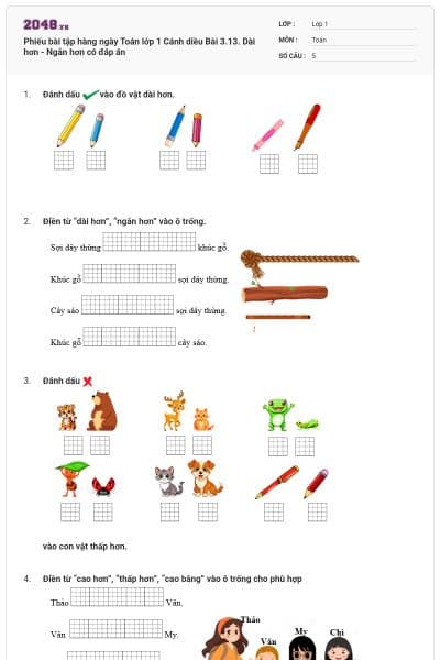 Phiếu bài tập hàng ngày Toán lớp 1 Cánh diều Bài 3.13. Dài hơn - Ngắn hơn có đáp án