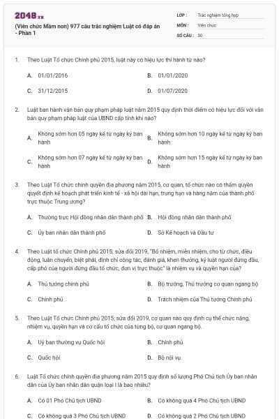 (Viên chức Mầm non) 977 câu trắc nghiệm Luật có đáp án - Phần 1