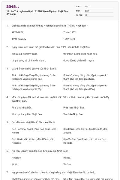 12 câu  Trắc nghiệm Địa Lí 11 Bài 9 (có đáp án): Nhật Bản (Phần 5)