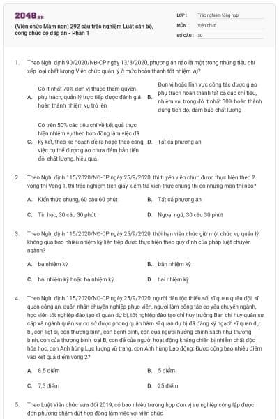 (Viên chức Mầm non) 292 câu trắc nghiệm Luật cán bộ, công chức có đáp án - Phần 1
