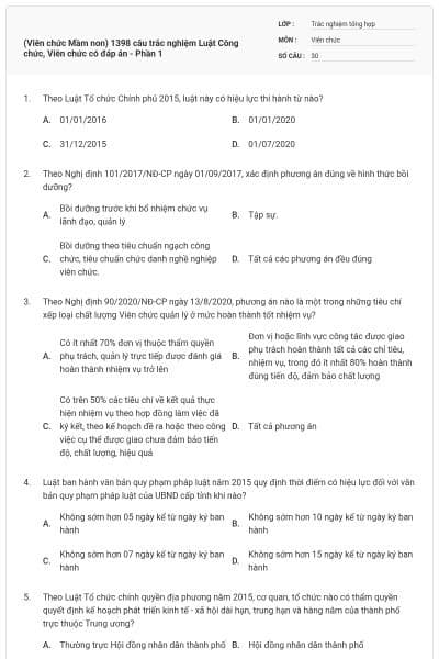 (Viên chức Mầm non) 1398 câu trắc nghiệm Luật Công chức, Viên chức có đáp án - Phần 1