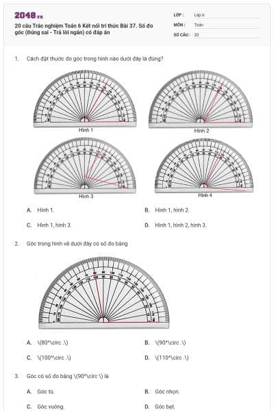 20 câu Trắc nghiệm Toán 6 Kết nối tri thức Bài 37. Số đo góc (Đúng sai - Trả lời ngắn) có đáp án