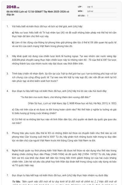 Đề thi HSG Lịch sử 12 Sở GD&ĐT Tây Ninh 2025-2026 có đáp án