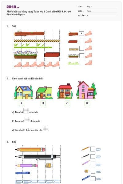 Phiếu bài tập hàng ngày Toán lớp 1 Cánh diều Bài 3.14. Đo độ dài có đáp án