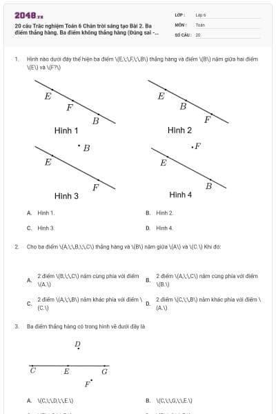 20 câu Trắc nghiệm Toán 6 Chân trời sáng tạo Bài 2. Ba điểm thẳng hàng. Ba điểm không thẳng hàng (Đúng sai - Trả lời ngắn) có đáp án