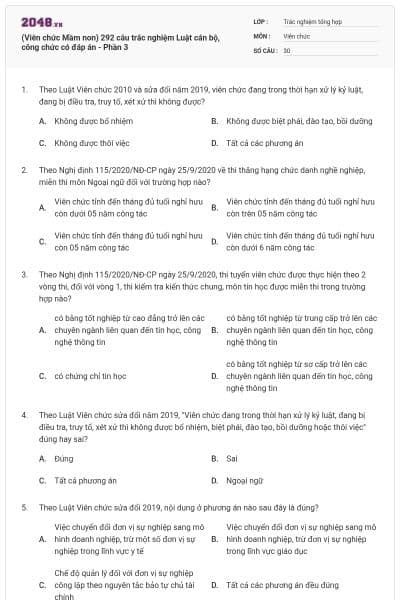 (Viên chức Mầm non) 292 câu trắc nghiệm Luật cán bộ, công chức có đáp án - Phần 3