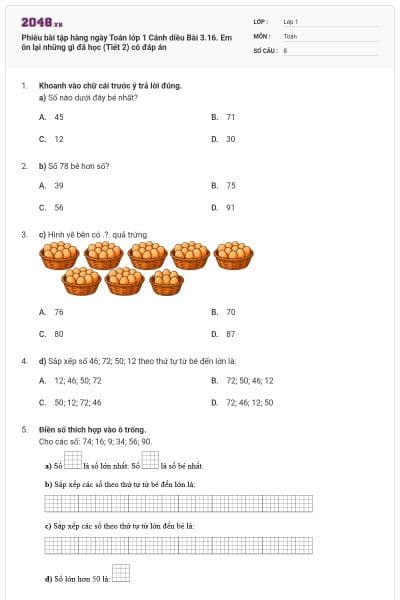 Phiếu bài tập hàng ngày Toán lớp 1 Cánh diều Bài 3.16. Em ôn lại những gì đã học (Tiết 2) có đáp án