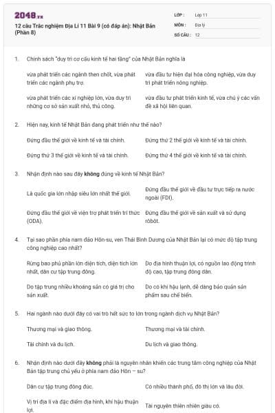 12 câu  Trắc nghiệm Địa Lí 11 Bài 9 (có đáp án): Nhật Bản (Phần 8)