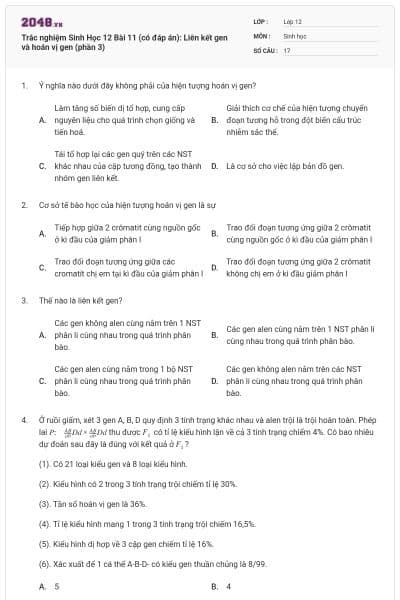 Trắc nghiệm Sinh Học 12 Bài 11 (có đáp án): Liên kết gen và hoán vị gen (phần 3)