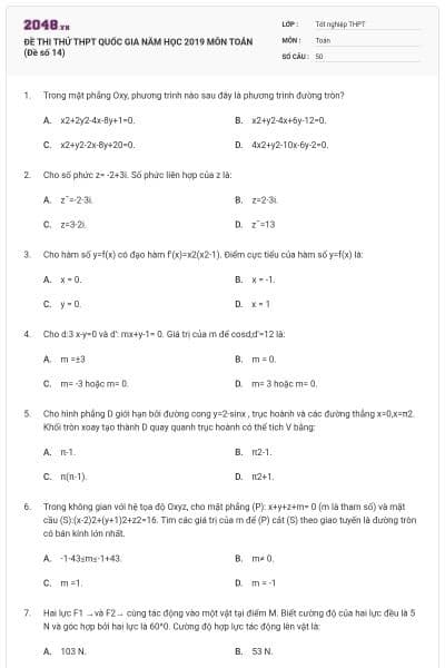 ĐỀ THI THỬ THPT QUỐC GIA NĂM HỌC 2019 MÔN TOÁN (Đề số 14)