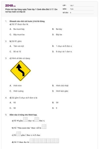 Phiếu bài tập hàng ngày Toán lớp 1 Cánh diều Bài 3.17. Em vui học toán có đáp án