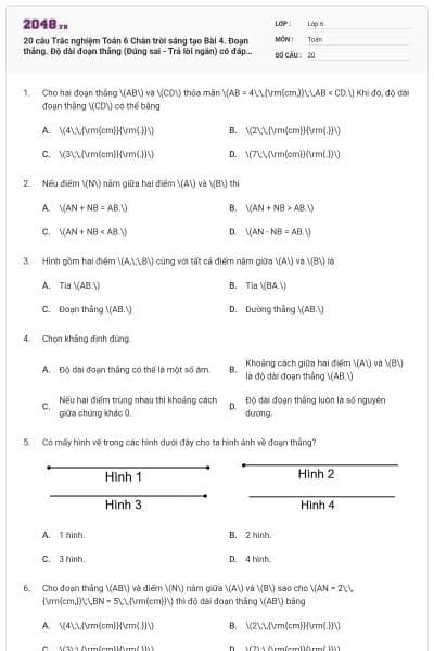 20 câu Trắc nghiệm Toán 6 Chân trời sáng tạo Bài 4. Đoạn thẳng. Độ dài đoạn thẳng (Đúng sai - Trả lời ngắn) có đáp án
