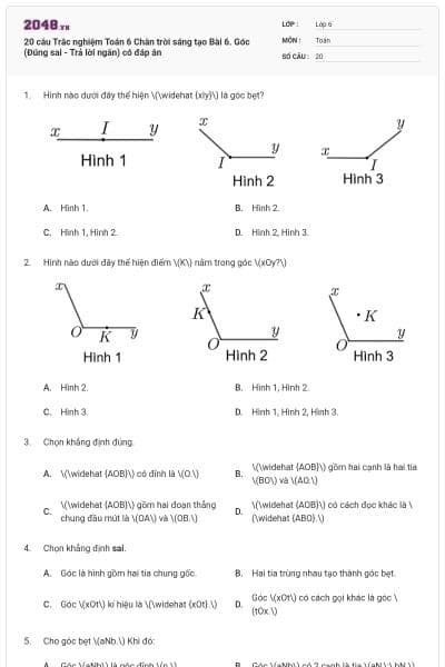 20 câu Trắc nghiệm Toán 6 Chân trời sáng tạo Bài 6. Góc (Đúng sai - Trả lời ngắn) có đáp án