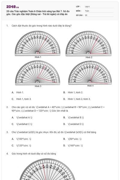 20 câu Trắc nghiệm Toán 6 Chân trời sáng tạo Bài 7. Số đo góc. Các góc đặc biệt (Đúng sai - Trả lời ngắn) có đáp án