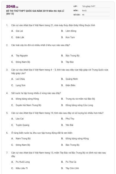 ĐỀ THI THỬ THPT QUỐC GIA NĂM 2019 Môn thi: ĐỊA LÍ (Đề 13)