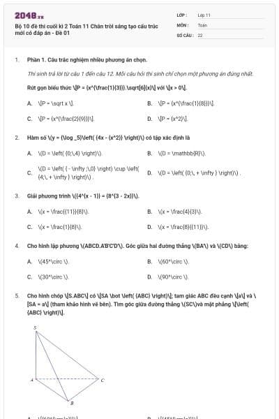 Bộ 10 đề thi cuối kì 2 Toán 11 Chân trời sáng tạo cấu trúc mới có đáp án - Đề 01