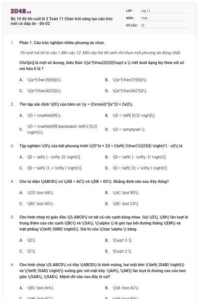 Bộ 10 đề thi cuối kì 2 Toán 11 Chân trời sáng tạo cấu trúc mới có đáp án - Đề 02