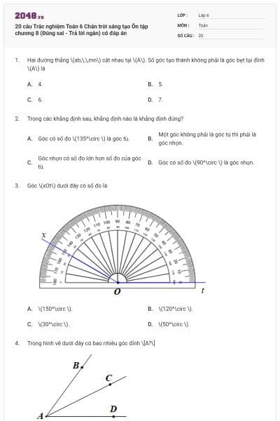 20 câu Trắc nghiệm Toán 6 Chân trời sáng tạo Ôn tập chương 8 (Đúng sai - Trả lời ngắn) có đáp án