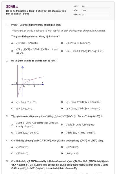 Bộ 10 đề thi cuối kì 2 Toán 11 Chân trời sáng tạo cấu trúc mới có đáp án - Đề 05