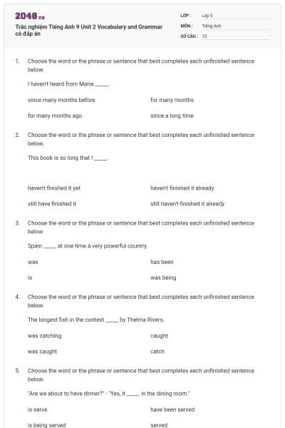 Trắc nghiệm Tiếng Anh 9 Unit 2 Vocabulary and Grammar có đáp án