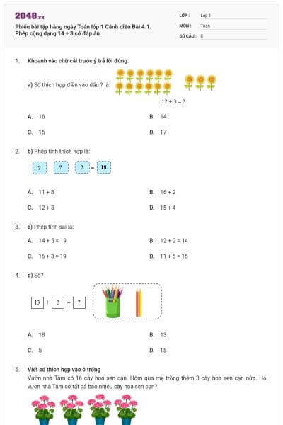 Phiếu bài tập hàng ngày Toán lớp 1 Cánh diều Bài 4.1. Phép cộng dạng 14 + 3 có đáp án