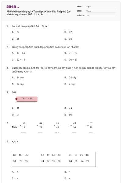 Phiếu bài tập hàng ngày Toán lớp 2 Cánh diều Phép trừ (có nhớ) trong phạm vi 100 có đáp án
