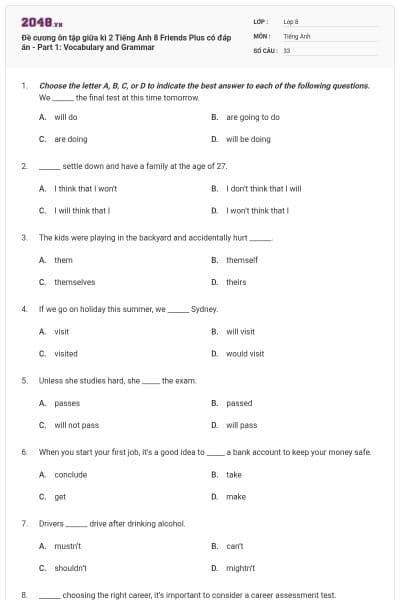 Đề cương ôn tập giữa kì 2 Tiếng Anh 8 Friends Plus có đáp án - Part 1: Vocabulary and Grammar