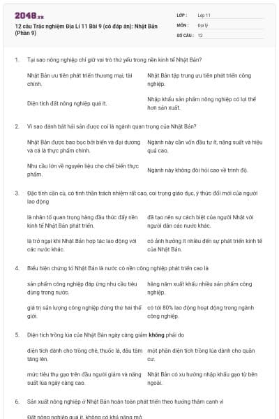 12 câu  Trắc nghiệm Địa Lí 11 Bài 9 (có đáp án): Nhật Bản (Phần 9)