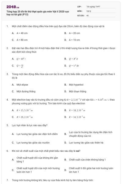 Tổng hợp 20 đề thi thử thpt quốc gia môn Vật lí 2020 cực hay có lời giải (P13)