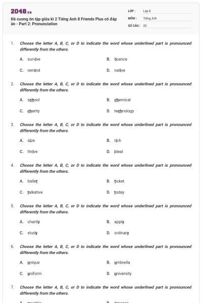 Đề cương ôn tập giữa kì 2 Tiếng Anh 8 Friends Plus có đáp án - Part 2: Pronunciation