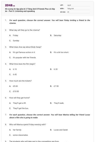 Đề cương ôn tập giữa kì 2 Tiếng Anh 8 Friends Plus có đáp án - Part 3: Listening and speaking