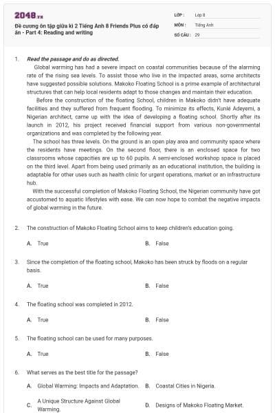 Đề cương ôn tập giữa kì 2 Tiếng Anh 8 Friends Plus có đáp án - Part 4: Reading and writing