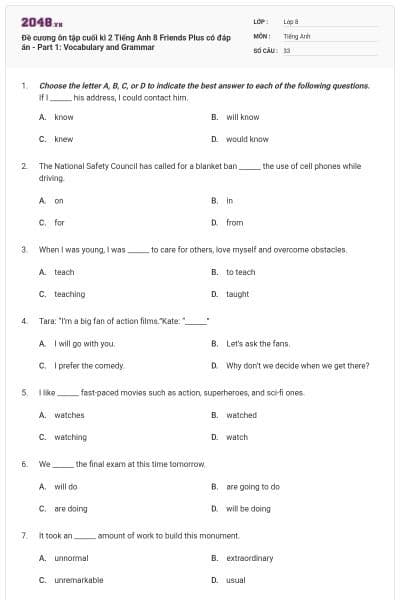 Đề cương ôn tập cuối kì 2 Tiếng Anh 8 Friends Plus có đáp án - Part 1: Vocabulary and Grammar