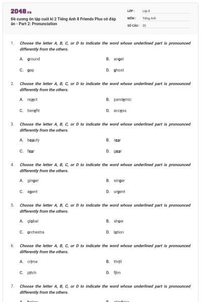 Đề cương ôn tập cuối kì 2 Tiếng Anh 8 Friends Plus có đáp án - Part 2: Pronunciation