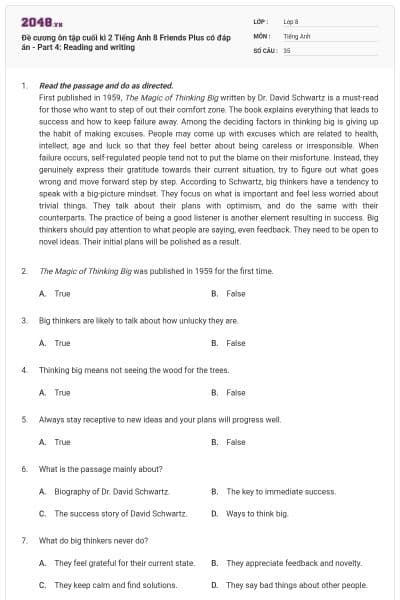 Đề cương ôn tập cuối kì 2 Tiếng Anh 8 Friends Plus có đáp án - Part 4: Reading and writing