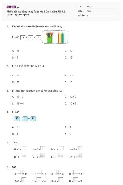 Phiếu bài tập hàng ngày Toán lớp 1 Cánh diều Bài 4.3. Luyện tập có đáp án