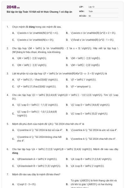 Bài tập ôn tập Toán 10 Kết nối tri thức Chương 1 có đáp án