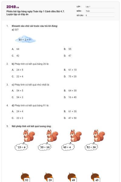 Phiếu bài tập hàng ngày Toán lớp 1 Cánh diều Bài 4.7. Luyện tập có đáp án