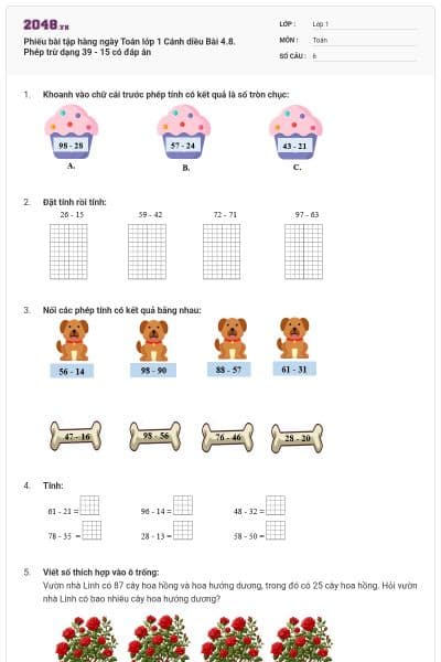 Phiếu bài tập hàng ngày Toán lớp 1 Cánh diều Bài 4.8. Phép trừ dạng 39 - 15 có đáp án