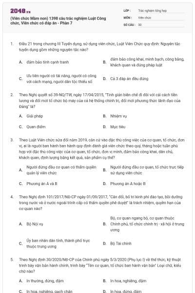 (Viên chức Mầm non) 1398 câu trắc nghiệm Luật Công chức, Viên chức có đáp án - Phần 7