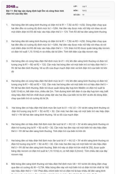 Bài 11: Bài tập vận dụng định luật Ôm và công thức tính điện trở của dây dẫn